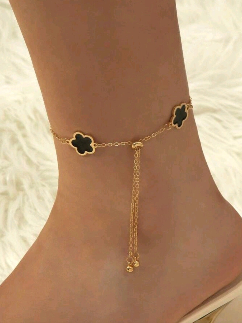 Gold Anklet with Black Clover Accents